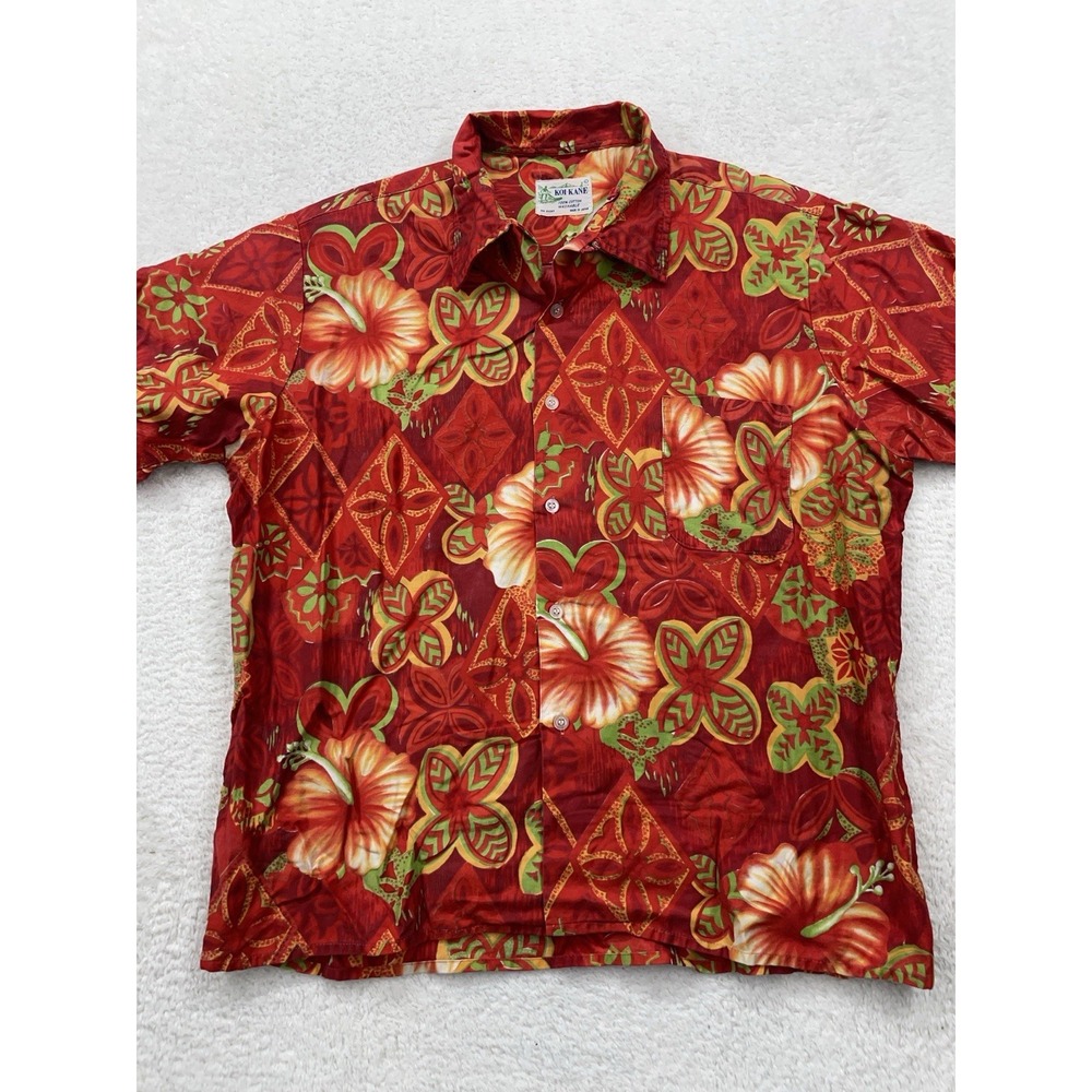 Vintage Koi Kane Hawaiian Shirt Mens Large Made in Japan Button Up Red‎ Floral